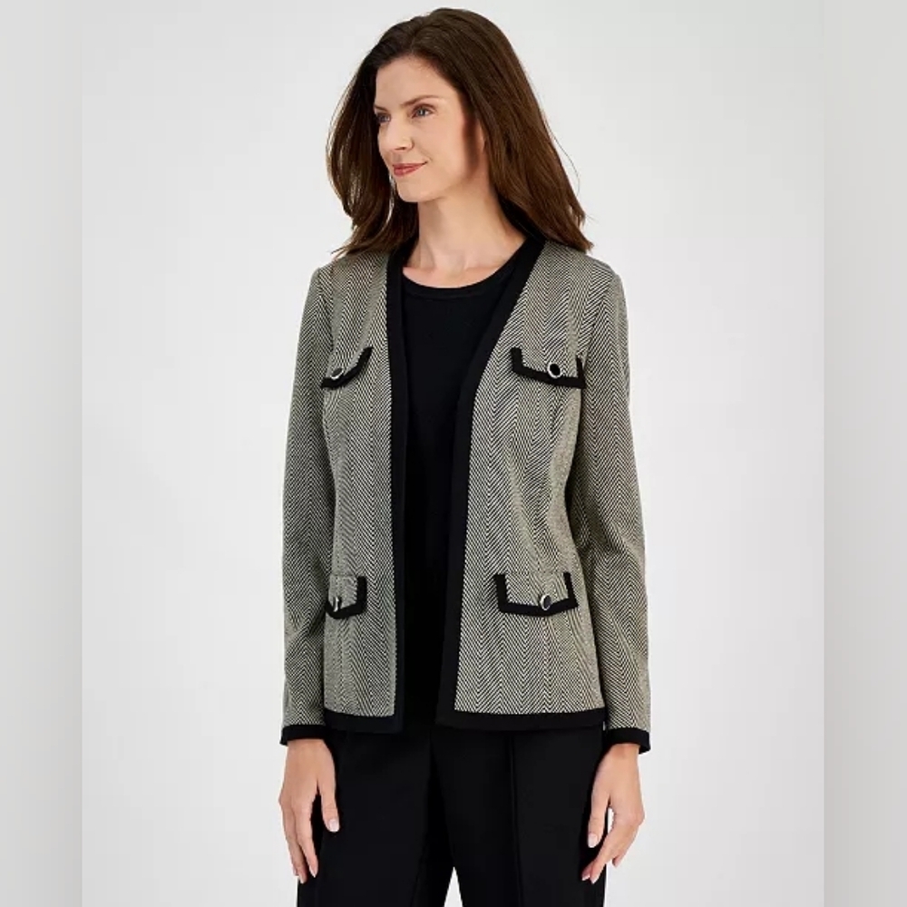 NWT Kasper Herringbone Framed Open Jacket 14P Petite